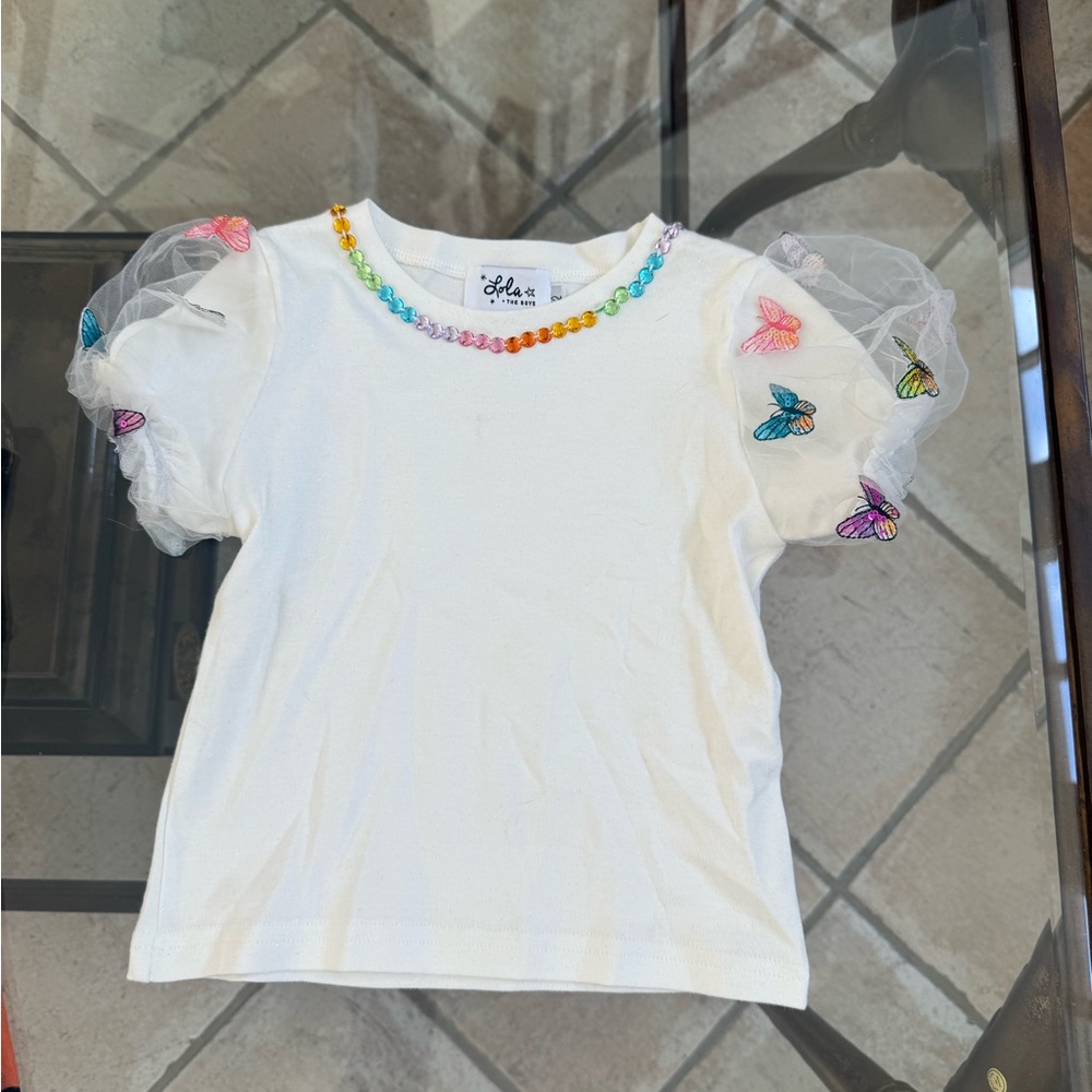 White Kids Shirt with Colorful Butterfly Accents